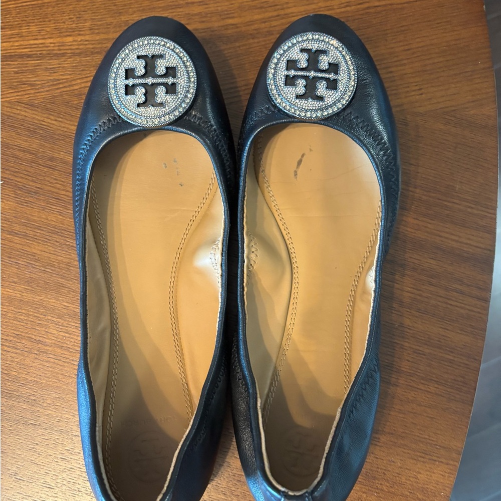 Tory Burch Black Flats with Signature Logo